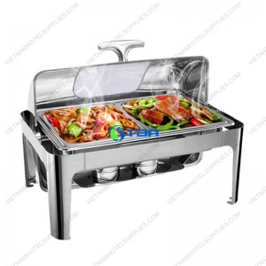 Nồi hâm buffet chữ nhật chân cao nắp kính PC 2 ngăn