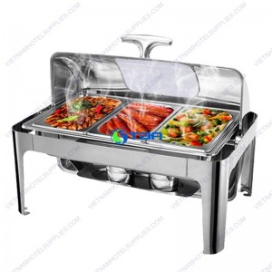 Nồi hâm buffet chữ nhật nắp kính trong PC 3 ngăn