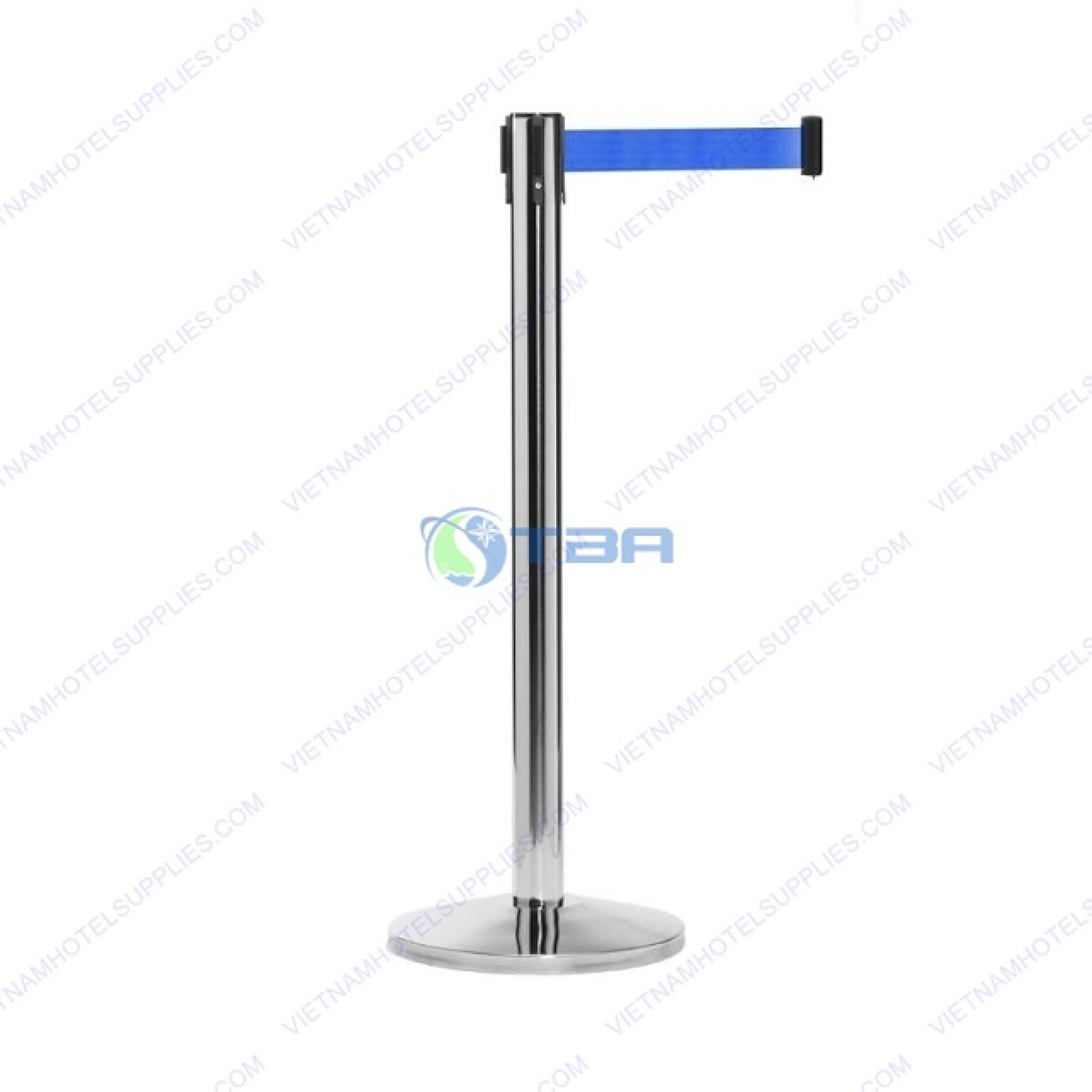 Cột chắn inox phân làn dây căng màu xanh trong tòa nhà
