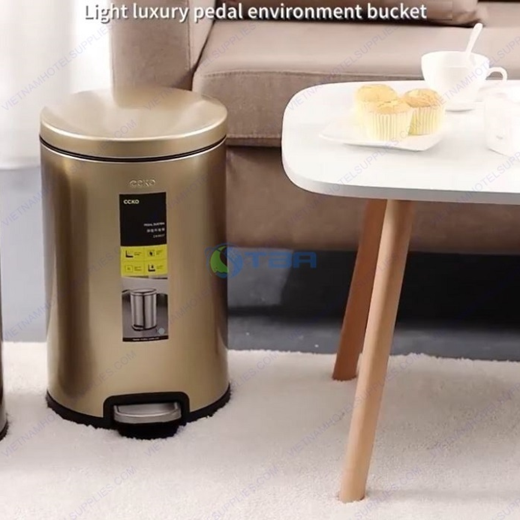 Thùng rác inox CCKO tròn đạp chân vàng 10L #CK9937