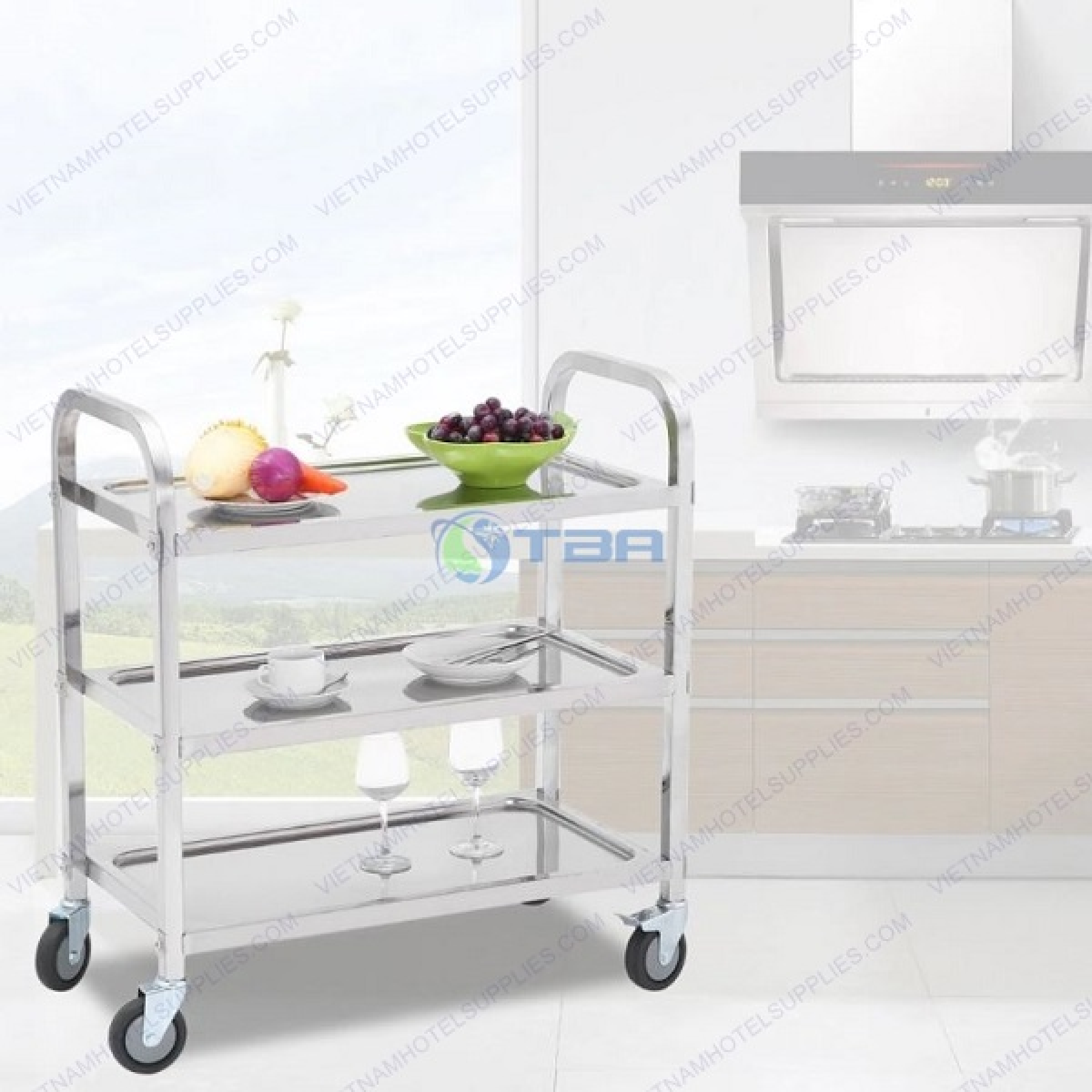 Xe đẩy phục vụ bàn và thức ăn inox cỡ lớn