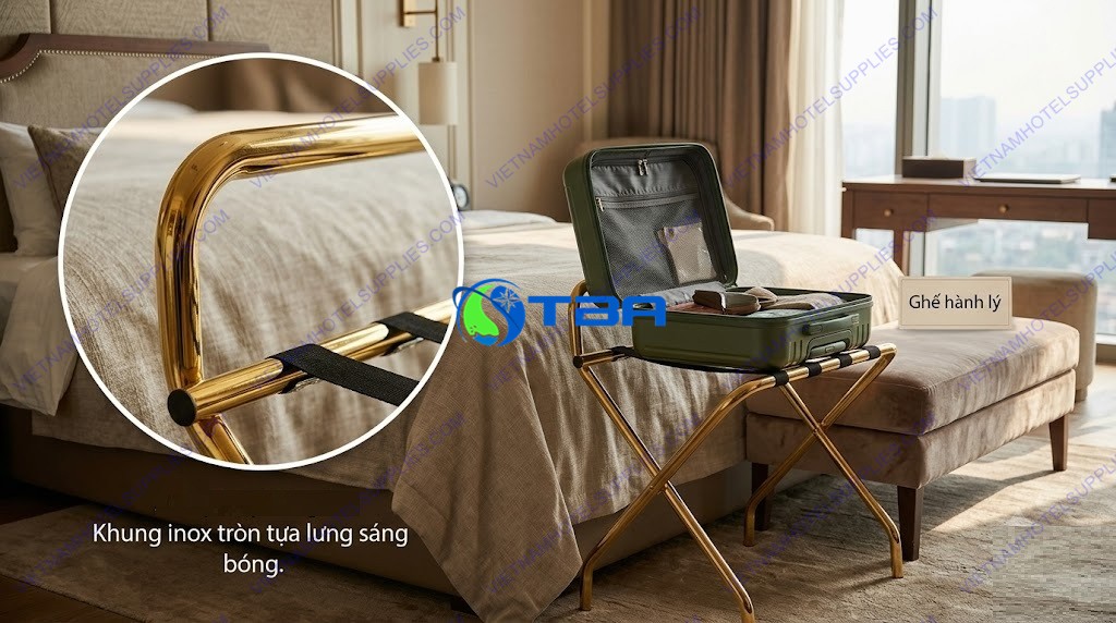 kệ để vali inox mạ vàng khách sạn