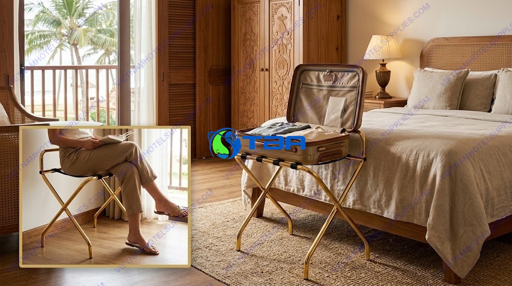 ứng dụng kệ để hành lý inox mạ vàng trong khách sạn