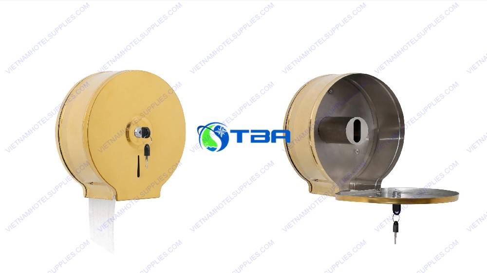 Hộp đựng giấy vệ sinh cuộn tròn lớn inox vàng Asia