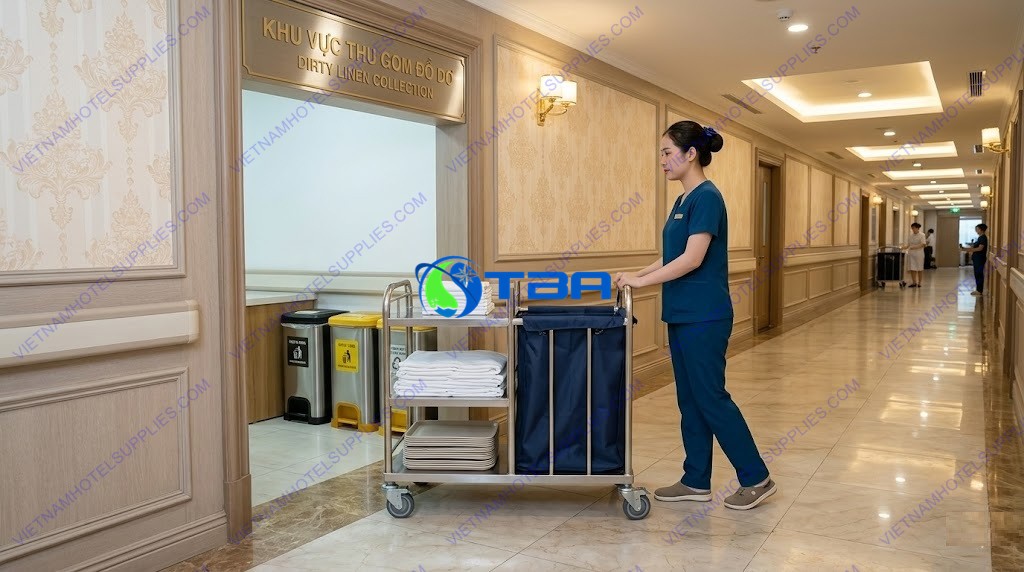 xe thu gom đồ vải inox ba tầng phân loại đồ