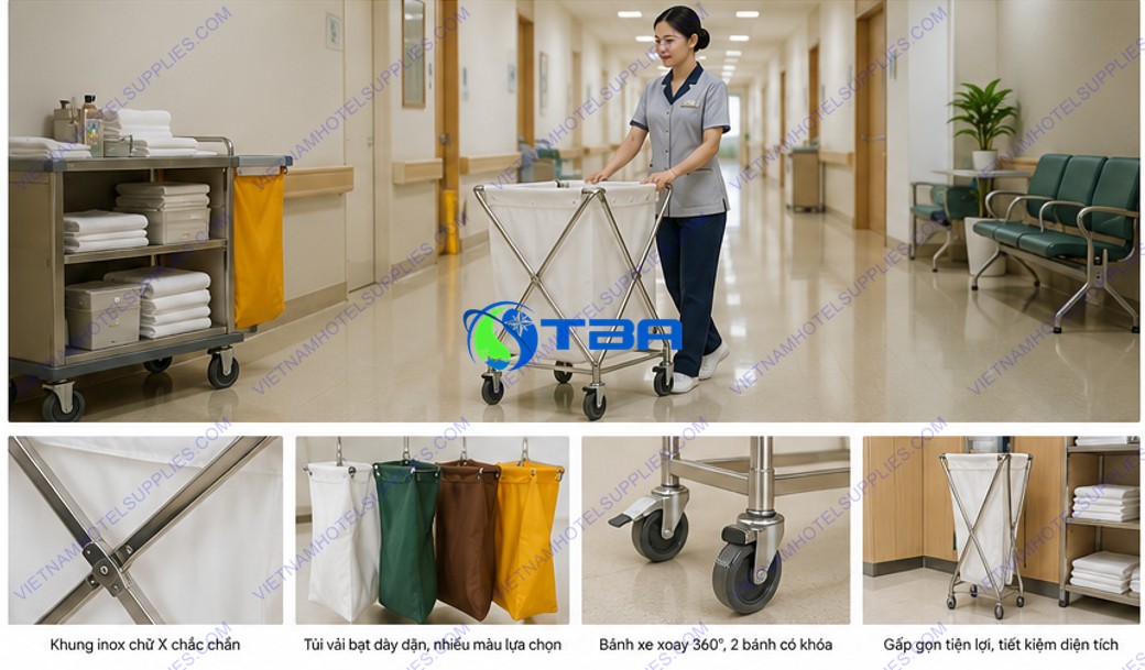 Xe vệ sinh chữ X thu gom đồ dơ được nhân viên khách sạn đẩy xe thu gom đồ dơ trong hành lang