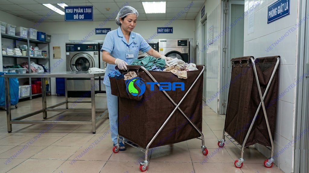 xe thu gom đồ giặt là gấp được sử dụng thực tế