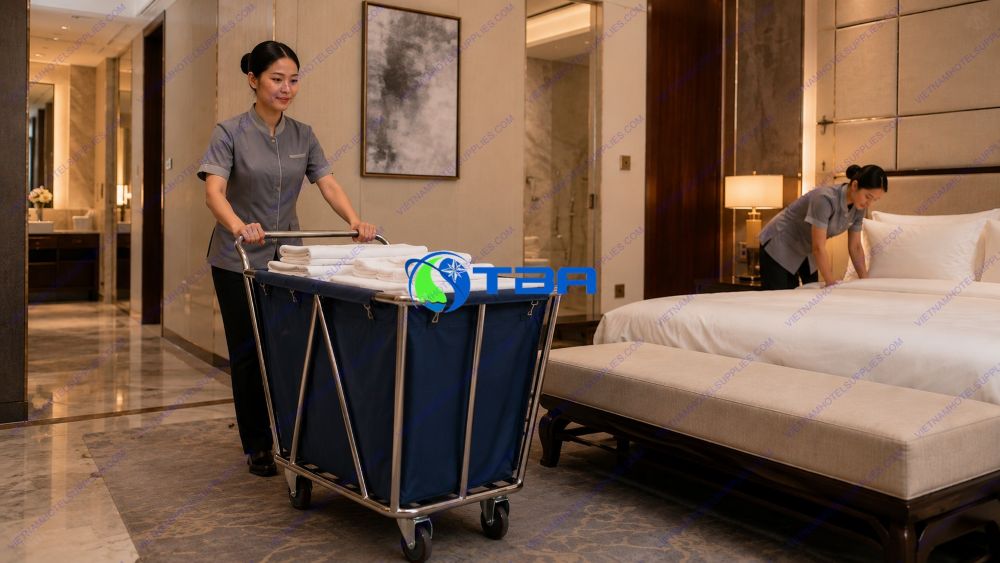 Xe thu gom đồ vải inox có tay đẩy sử dụng trong khách sạn