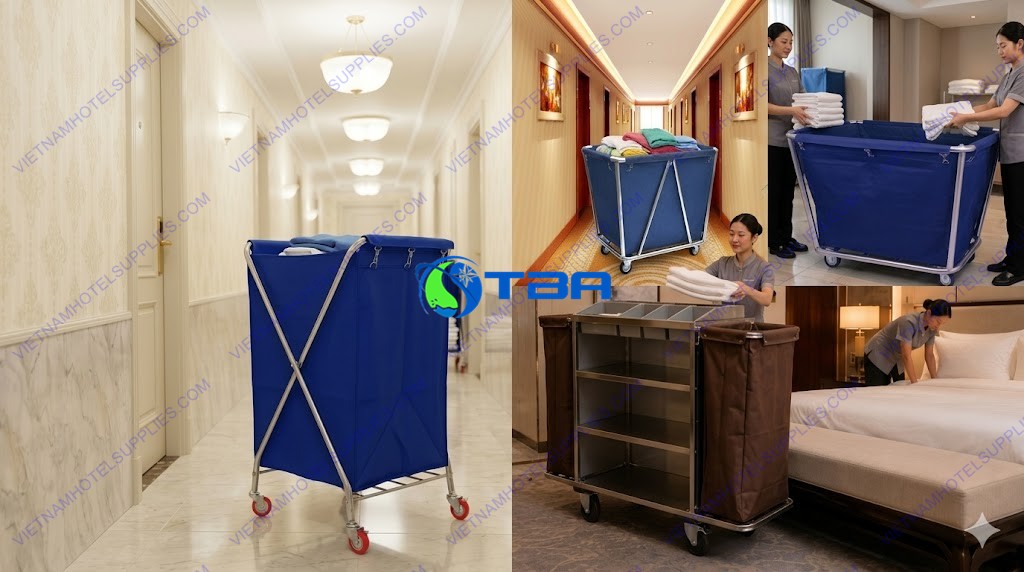 xe thu gom đồ vải inox sử dụng trong khách sạn và bệnh viện