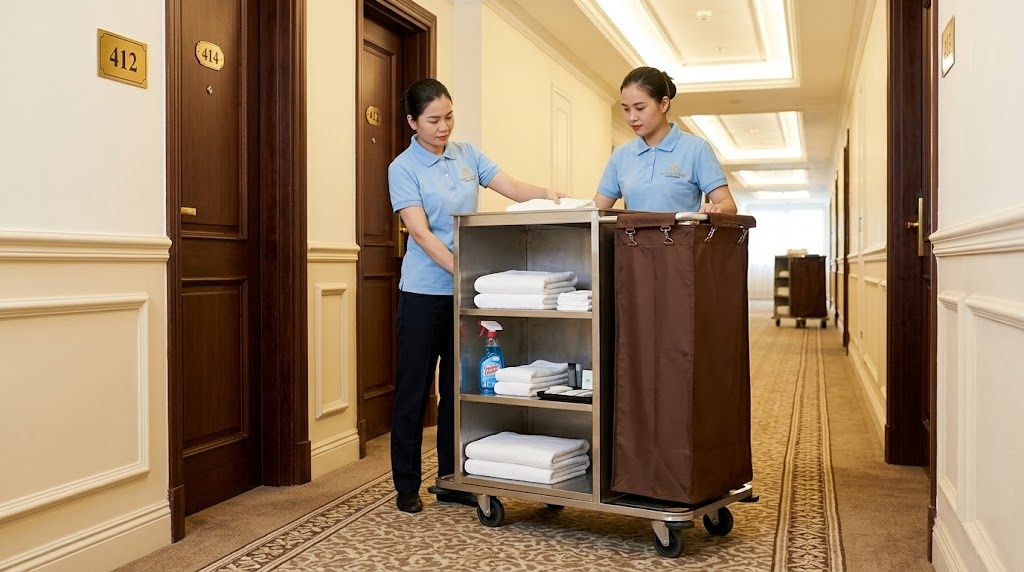 xe làm buồng phòng inox ba tầng sử dụng thực tế