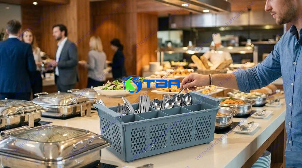 Rack nhựa PP đựng dao muỗng nĩa cho quầy buffet khách sạn