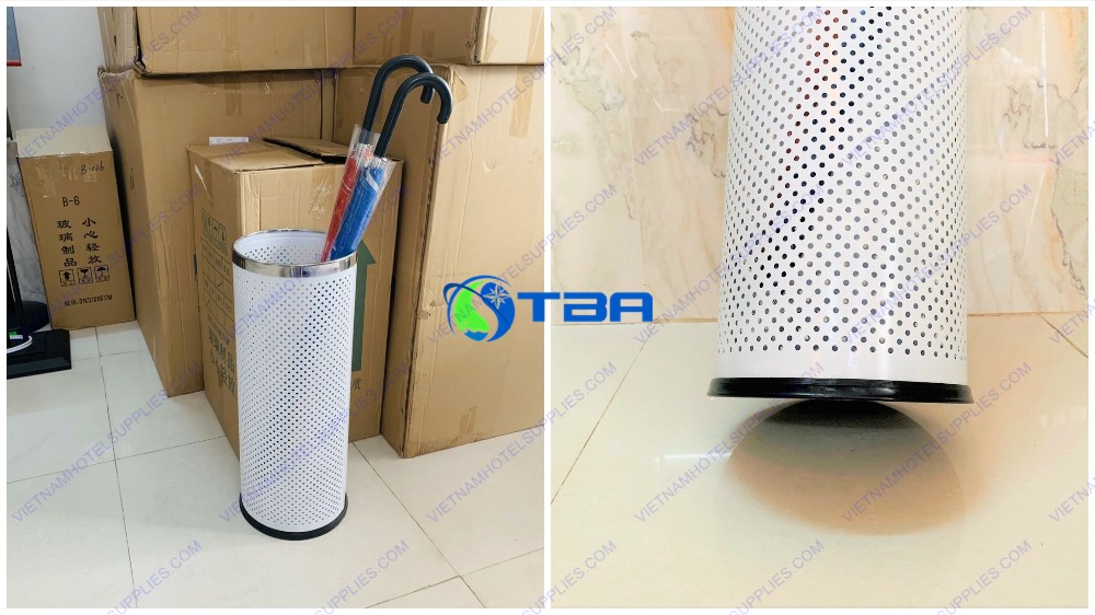 Sọt đựng ô dù hình tròn màu trắng vành inox
