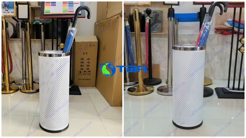 Sọt đựng ô dù hình tròn màu trắng vành inox