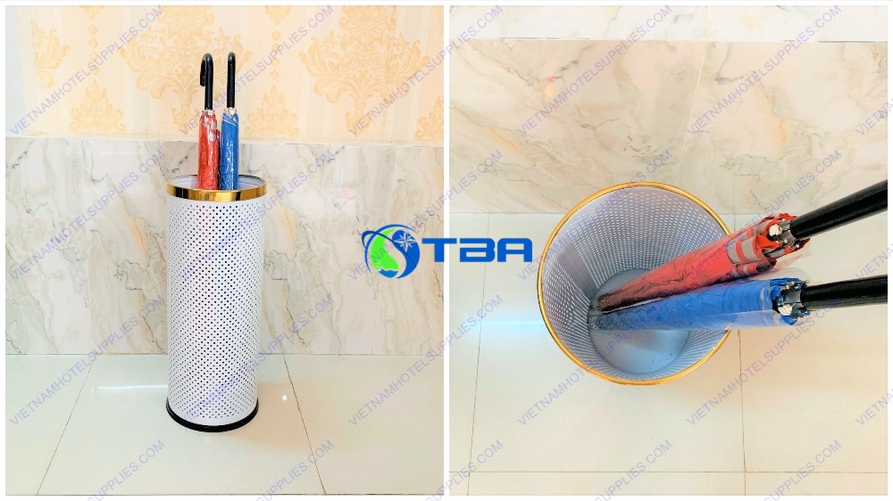 Sọt để ô dù hình tròn màu trắng vành inox