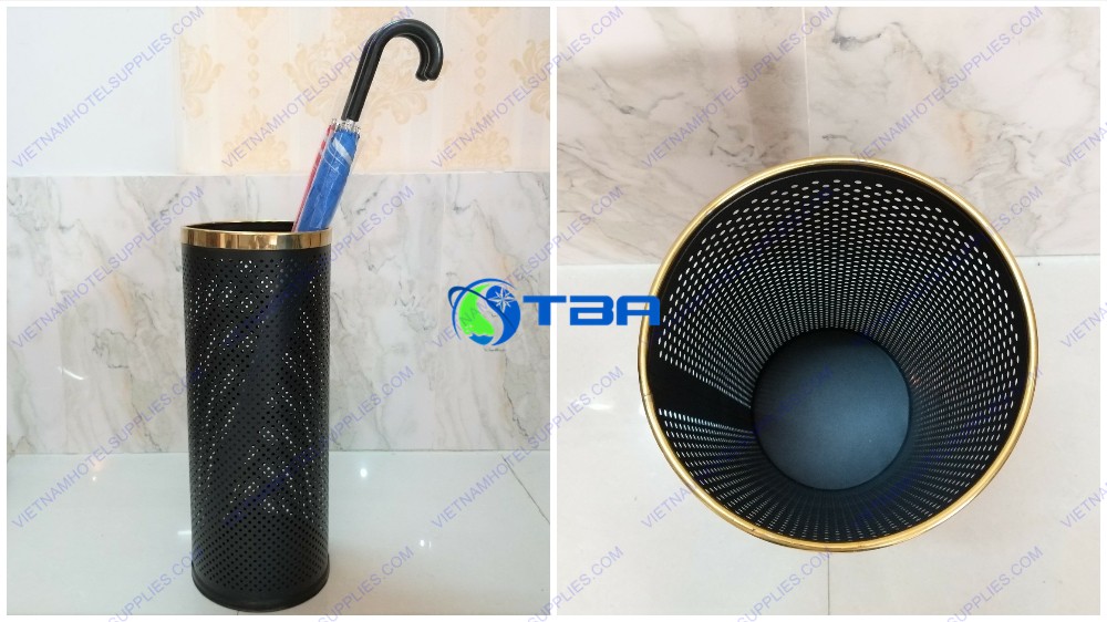 Sọt đựng ô dù thép màu đen vành inox mạ vàng