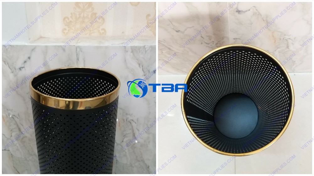 Sọt đựng ô dù thép màu đen vành inox mạ vàng