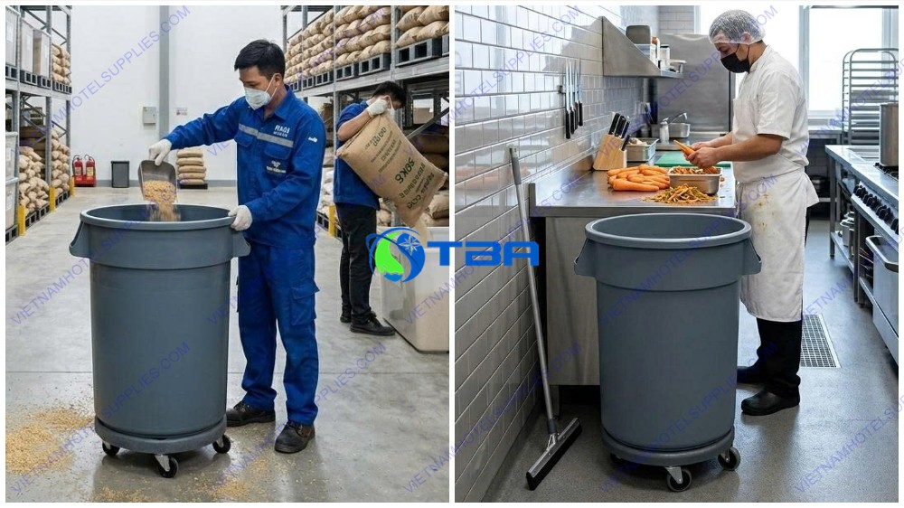 Thùng rác bếp nhựa tròn có bánh xe 120L