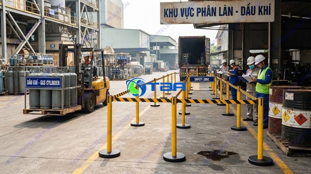 Chi tiết trụ chắn barier công trình dây sọc vàng đen chất lượng cao