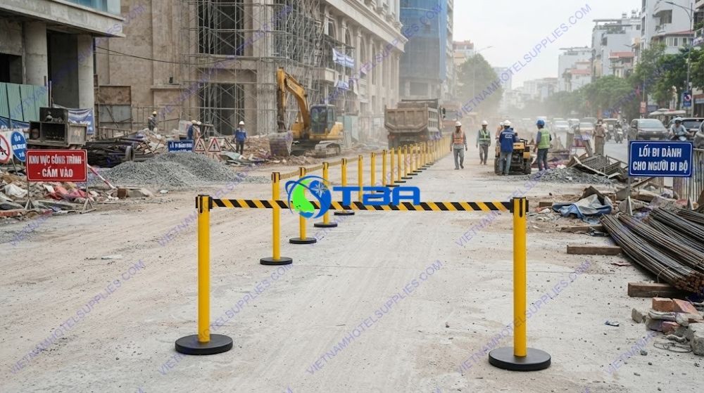 Trụ chắn barier công trình dây sọc vàng đen dùng phân luồng và cảnh báo an toàn