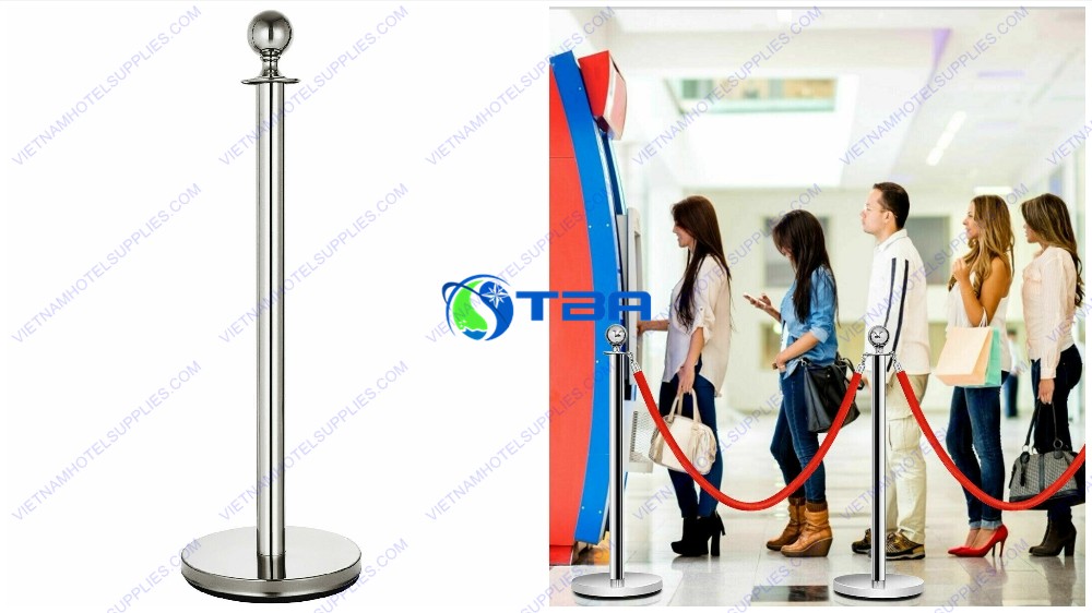 Cột chắn inox trắng dây nhung đỏ trang trí đặt tiền sảnh