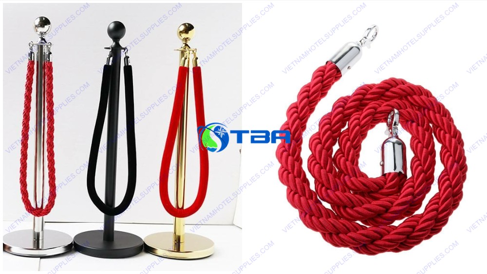 Cột chắn inox đầu tròn dây thừng xoắn đỏ