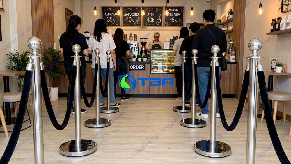 trụ chắn inox dây nhung đen trang trí không gian
