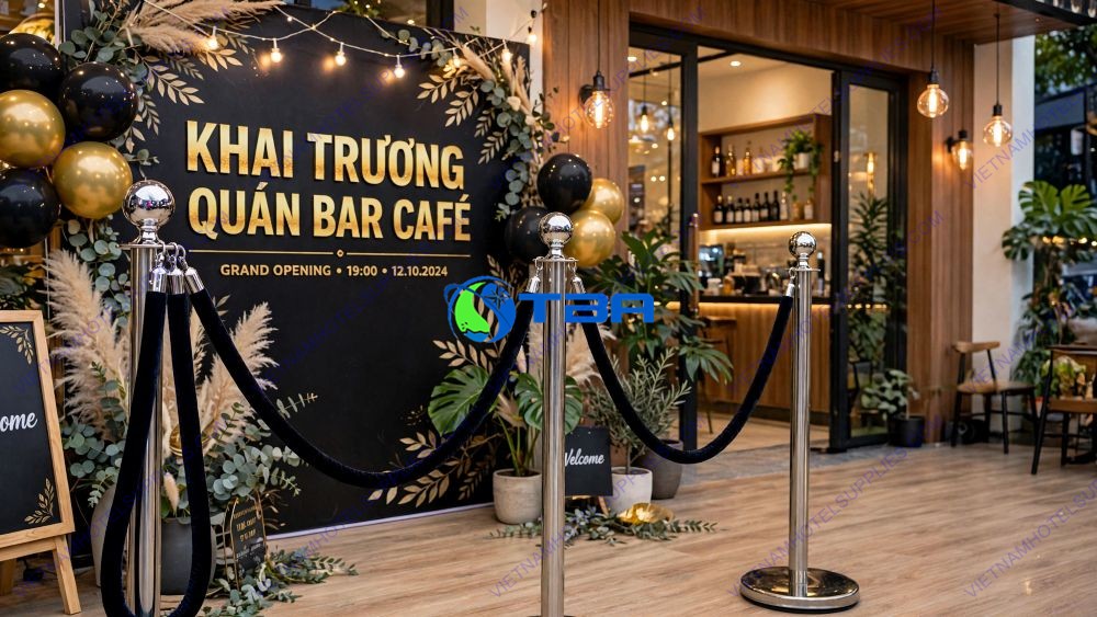 trụ chắn inox phân làn màu bạc dây nhung đen