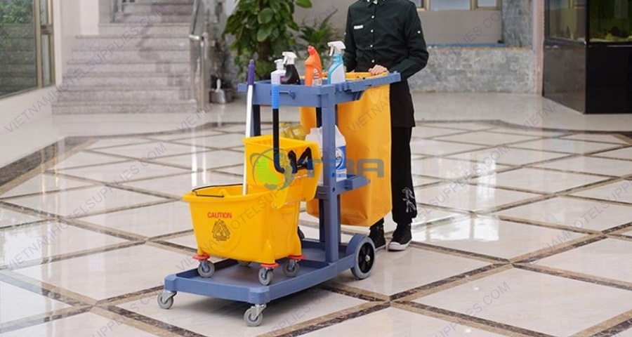 Xe làm vệ sinh 03 tầng chữ L màu xám