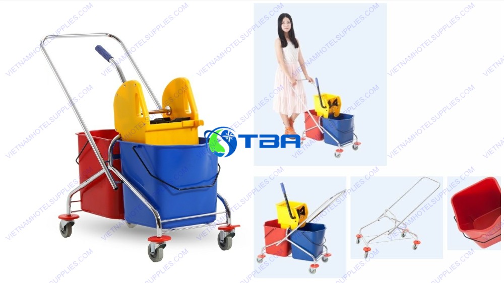 Xe đẩy vắt nước khung kim loại 02 xô 46 lít