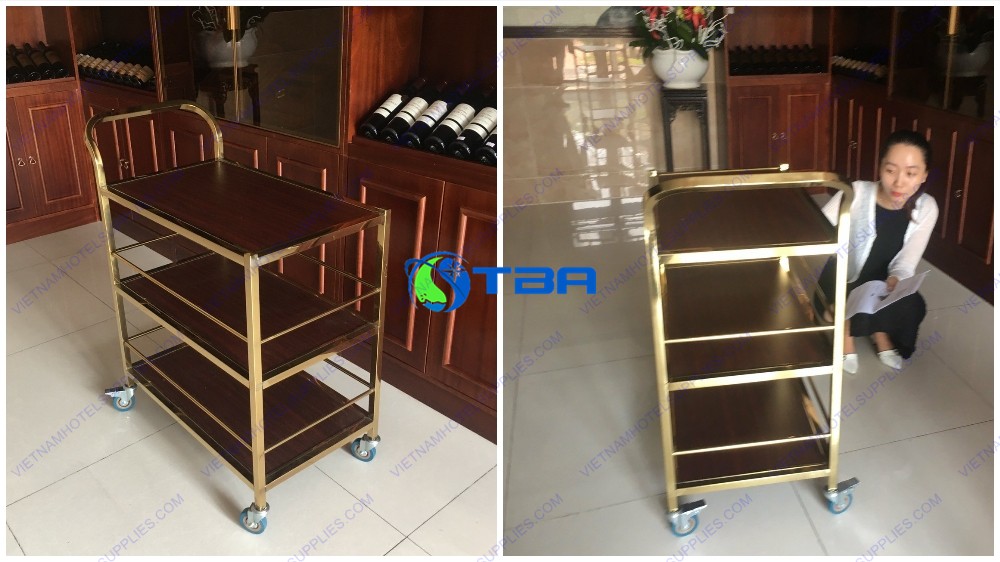 Xe đẩy phục vụ inox 3 tầng mạ vàng C34G