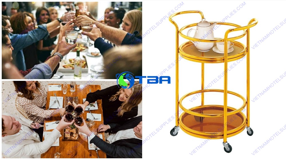Xe đẩy rượu trà inox vàng cao cấp 2 tầng ASIA-RT010