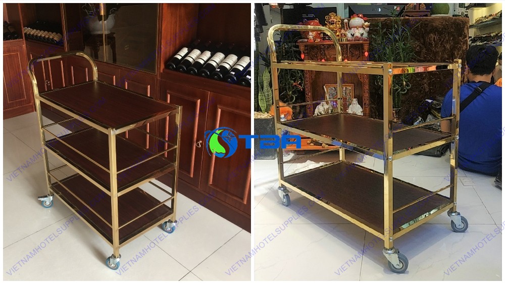 Xe đẩy rượu bánh gỗ 3 tầng cao cấp ASIA-RT016