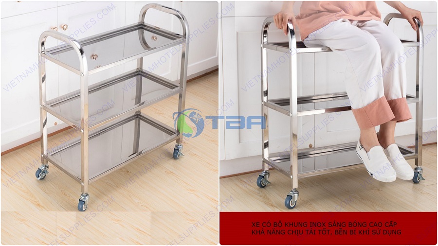 Xe đẩy thức ăn đồ uống inox 3 tầng cỡ trung