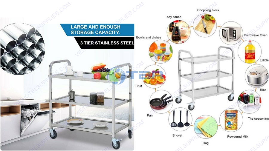 Xe đẩy thức ăn đồ uống inox 3 tầng cỡ trung