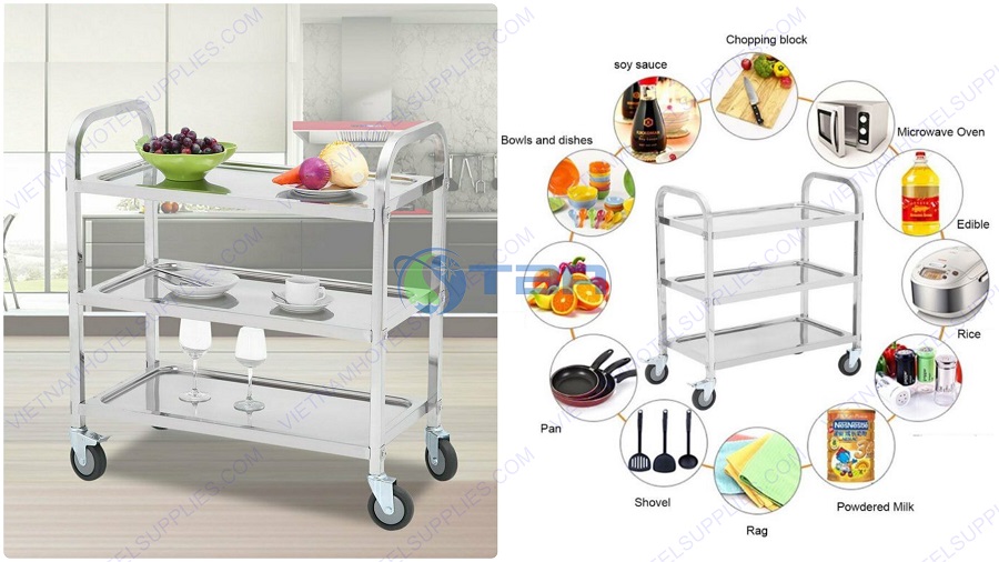 Xe đẩy thức ăn nhà hàng khách sạn inox ba tầng