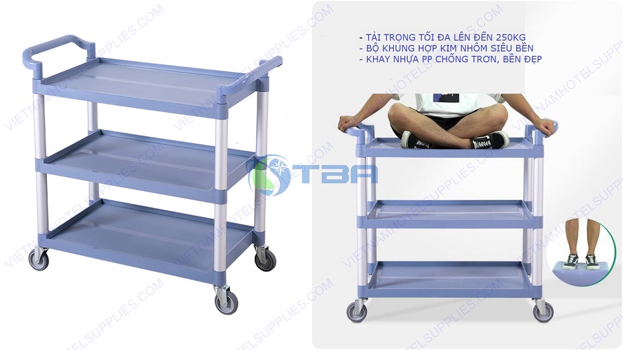 Xe đẩy thức ăn bằng nhựa ba tầng màu xám xanh