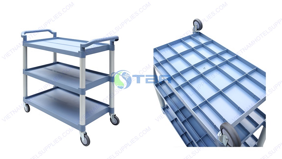Xe đẩy thức ăn bằng nhựa ba tầng màu xám xanh