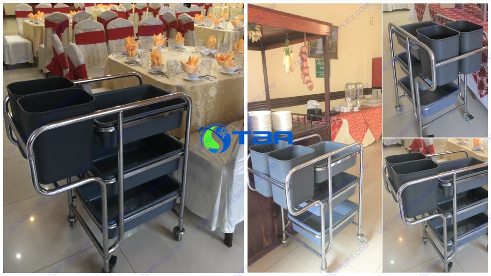 Xe thu dọn bàn ăn khung inox cao cấp ba tầng