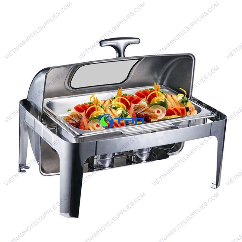 Nồi hâm buffet chữ nhật nắp kính trong PC 3 ngăn
