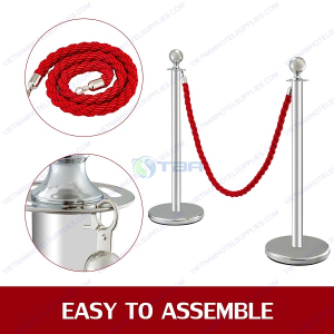 Cột chắn inox đầu tròn dây thừng xoắn đỏ dùng cho sự kiện