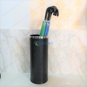 Sọt đựng ô dù hình trụ tròn màu đen vành inox trắng