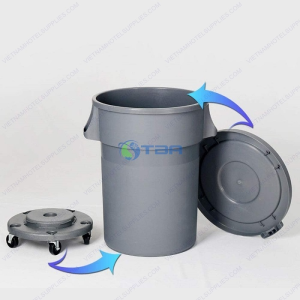 Thùng rác bếp tròn có bánh xe màu xám 80L