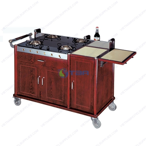 Xe đẩy phục vụ gỗ có 02 bếp nấu di động C035