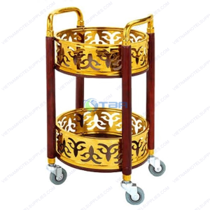 Xe đẩy rượu trà trụ tròn inox mạ vàng 02 tầng